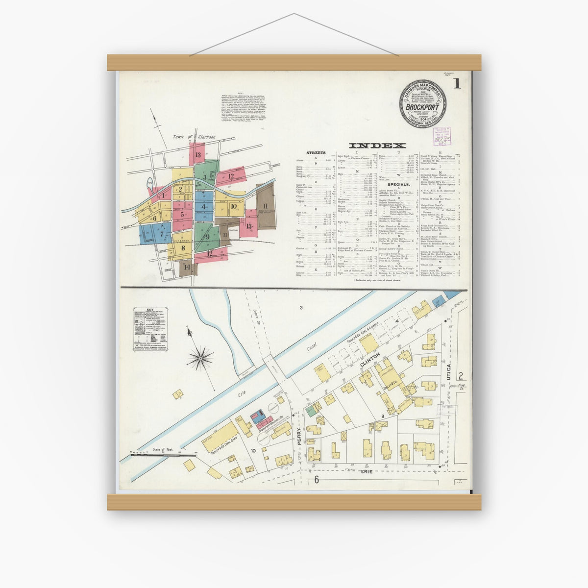 Old map wall art mockup — magnetic wood frame on white wall — Sanborn Fire Insurance Map from Brockport, Monroe County, New York (1904) - Complete Map Set
