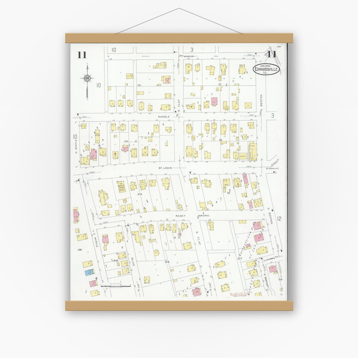 Old map wall art mockup — magnetic wood frame on white wall — Sanborn Fire Insurance Map from Edwardsville, Madison County, Illinois (1930), Sheet #0011