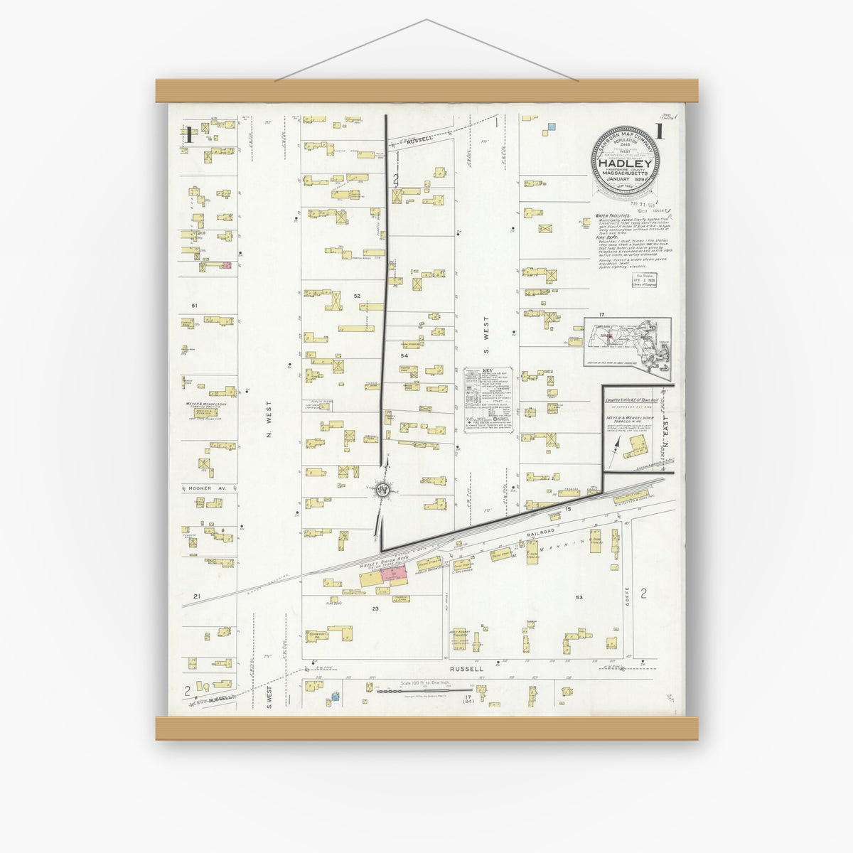 Old map wall art mockup — magnetic wood frame on white wall — Sanborn Fire Insurance Map from Waltham, Middlesex County, Massachusetts (1892), Sheet #0001