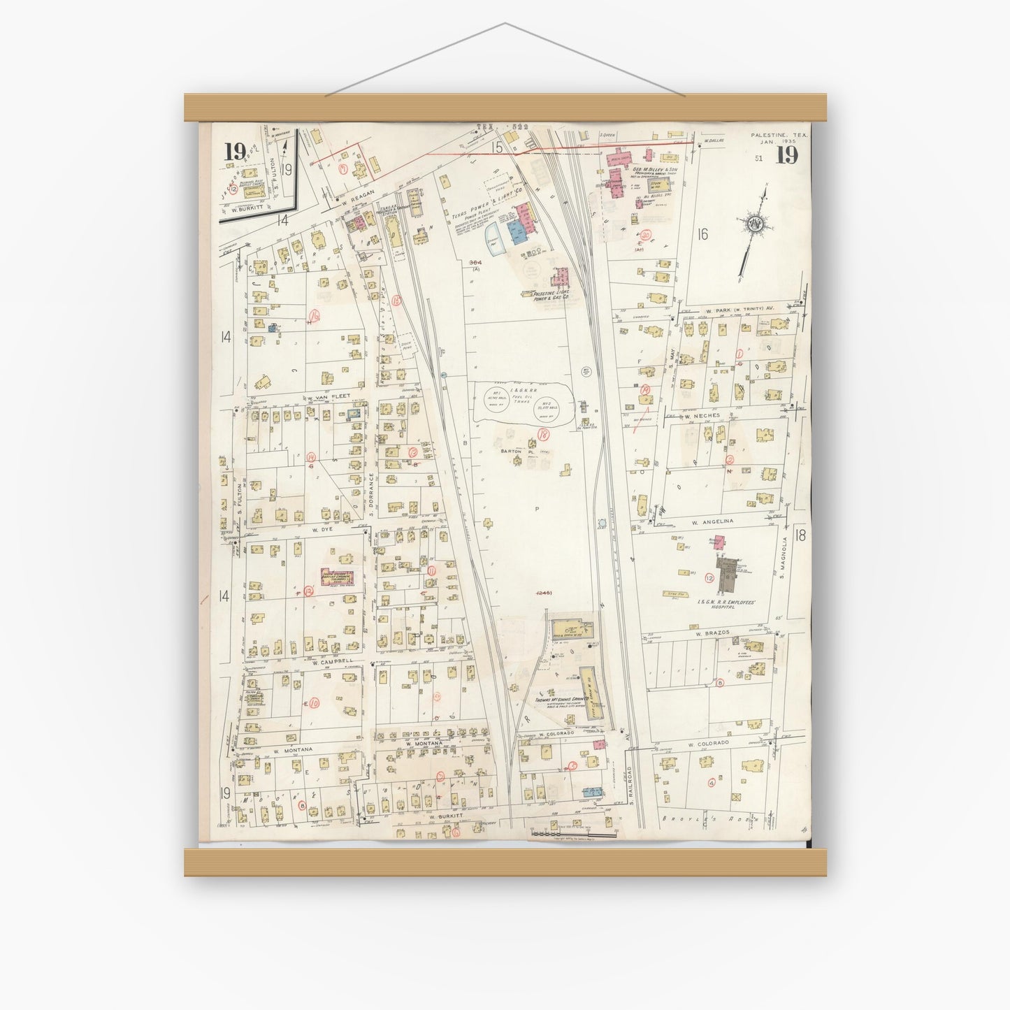 Old map wall art mockup — magnetic wood frame on white wall — Sanborn Fire Insurance Map from Palestine, Anderson County, Texas (1949), Sheet #0019