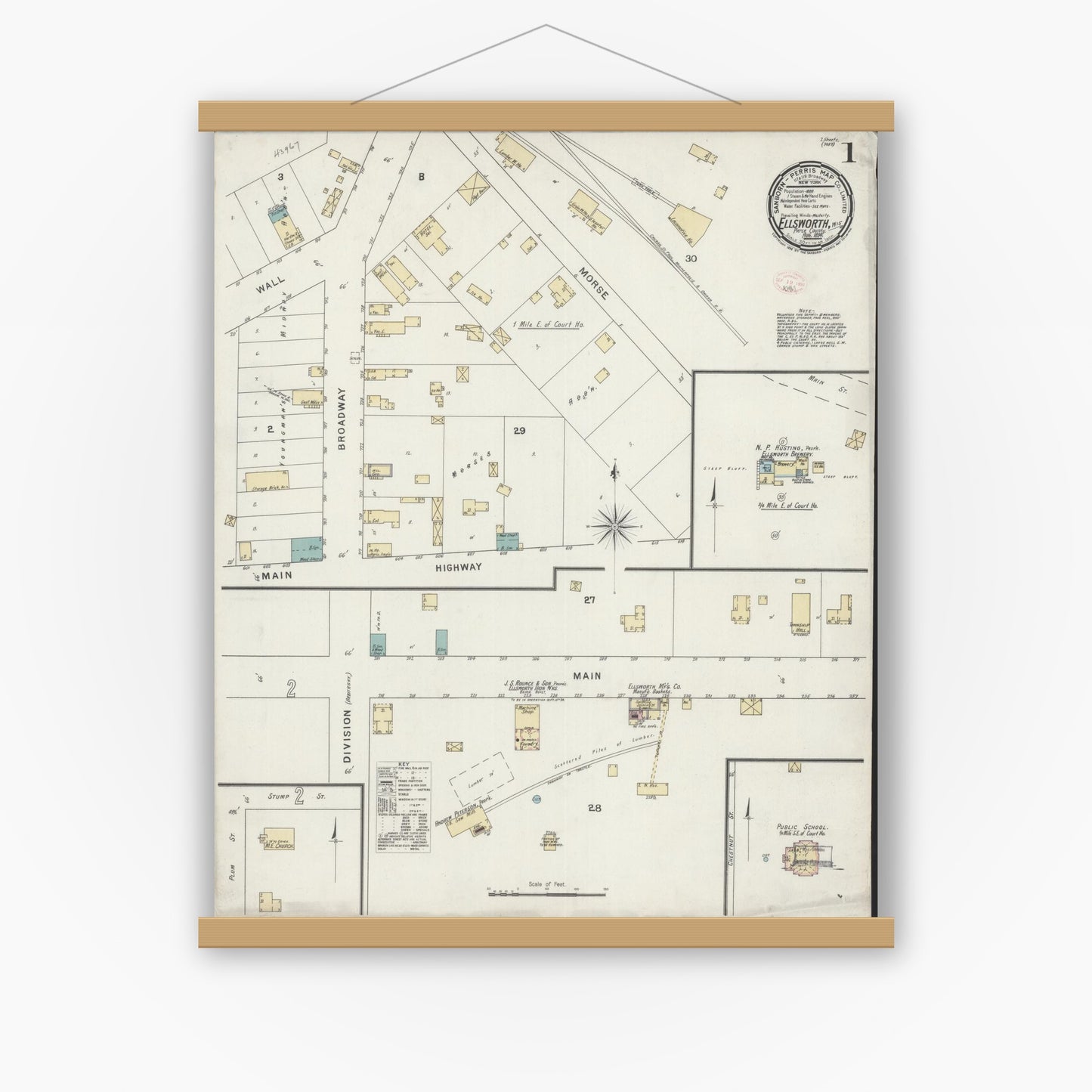 Old map wall art mockup — magnetic wood frame on white wall — Sanborn Fire Insurance Map from Ellsworth, Pierce County, Wisconsin (1894) - Complete Map Set