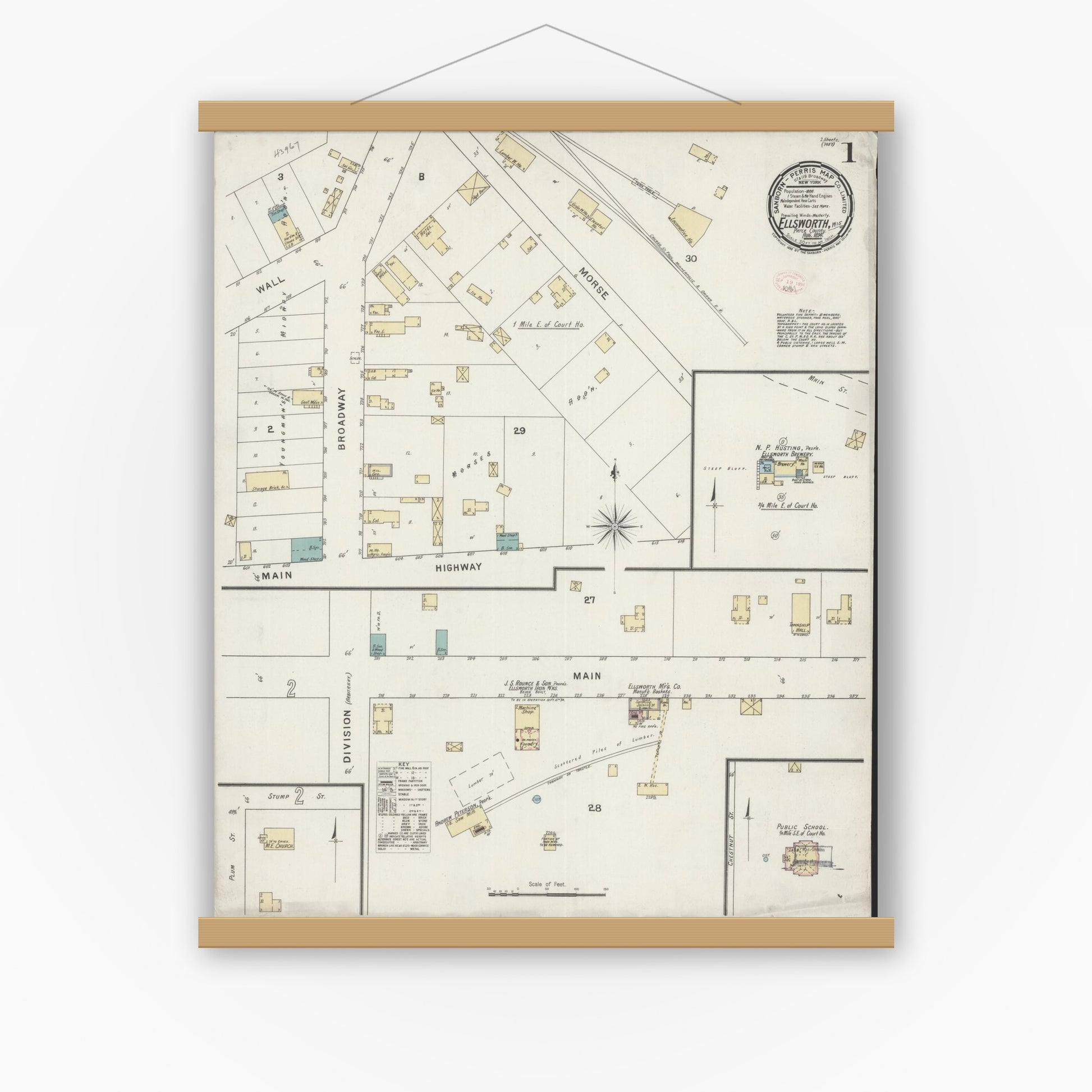 Old map wall art mockup — magnetic wood frame on white wall — Sanborn Fire Insurance Map from Ellsworth, Pierce County, Wisconsin (1894) - Complete Map Set