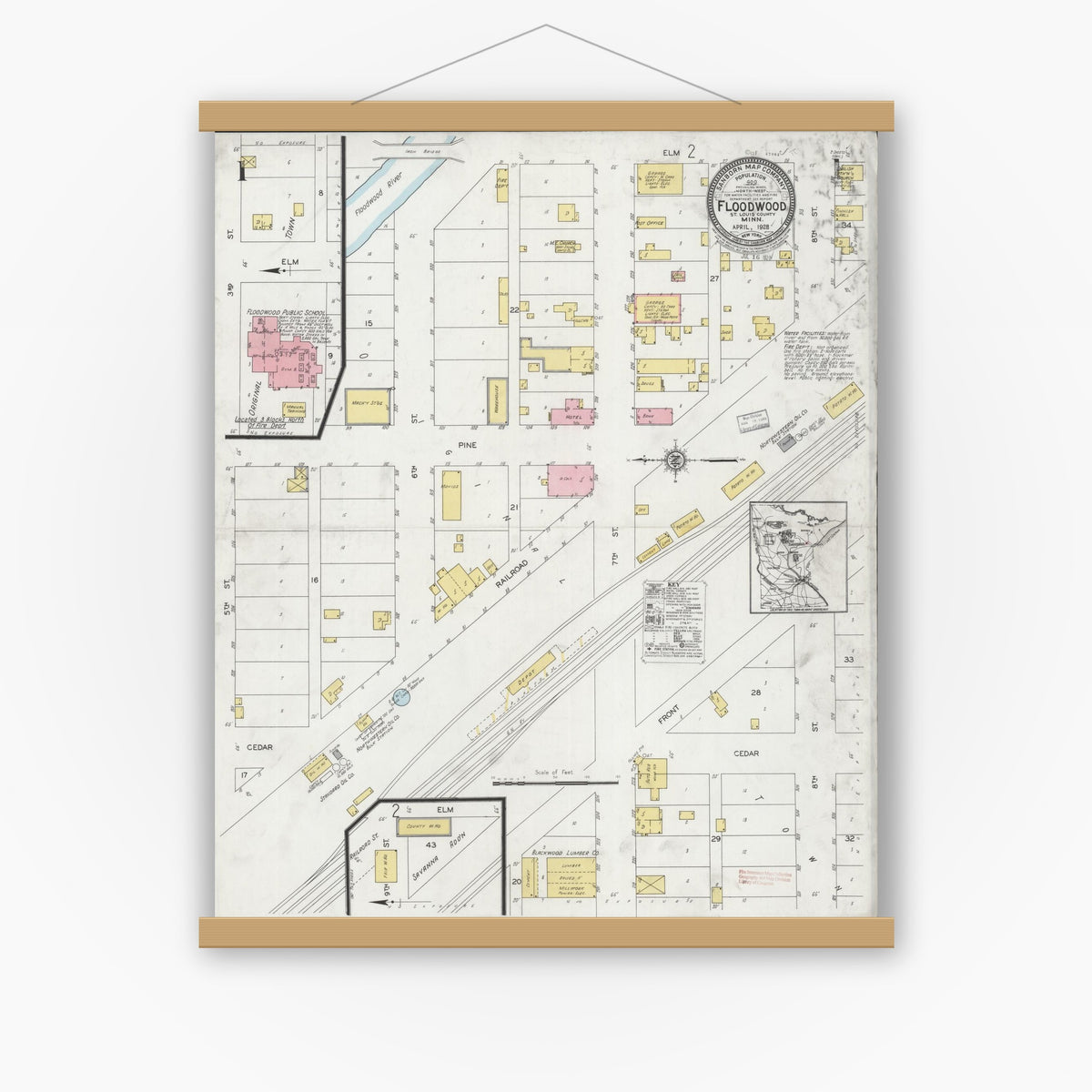 Old map wall art mockup — magnetic wood frame on white wall — Sanborn Fire Insurance Map from Floodwood, Saint Louis County, Minnesota (1928) - Complete Map Set
