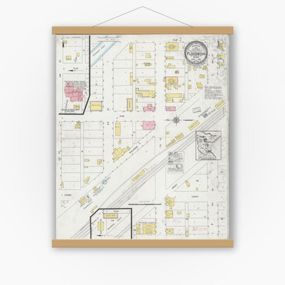 Old map wall art mockup — magnetic wood frame on white wall — Sanborn Fire Insurance Map from Floodwood, Saint Louis County, Minnesota (1928) - Complete Map Set