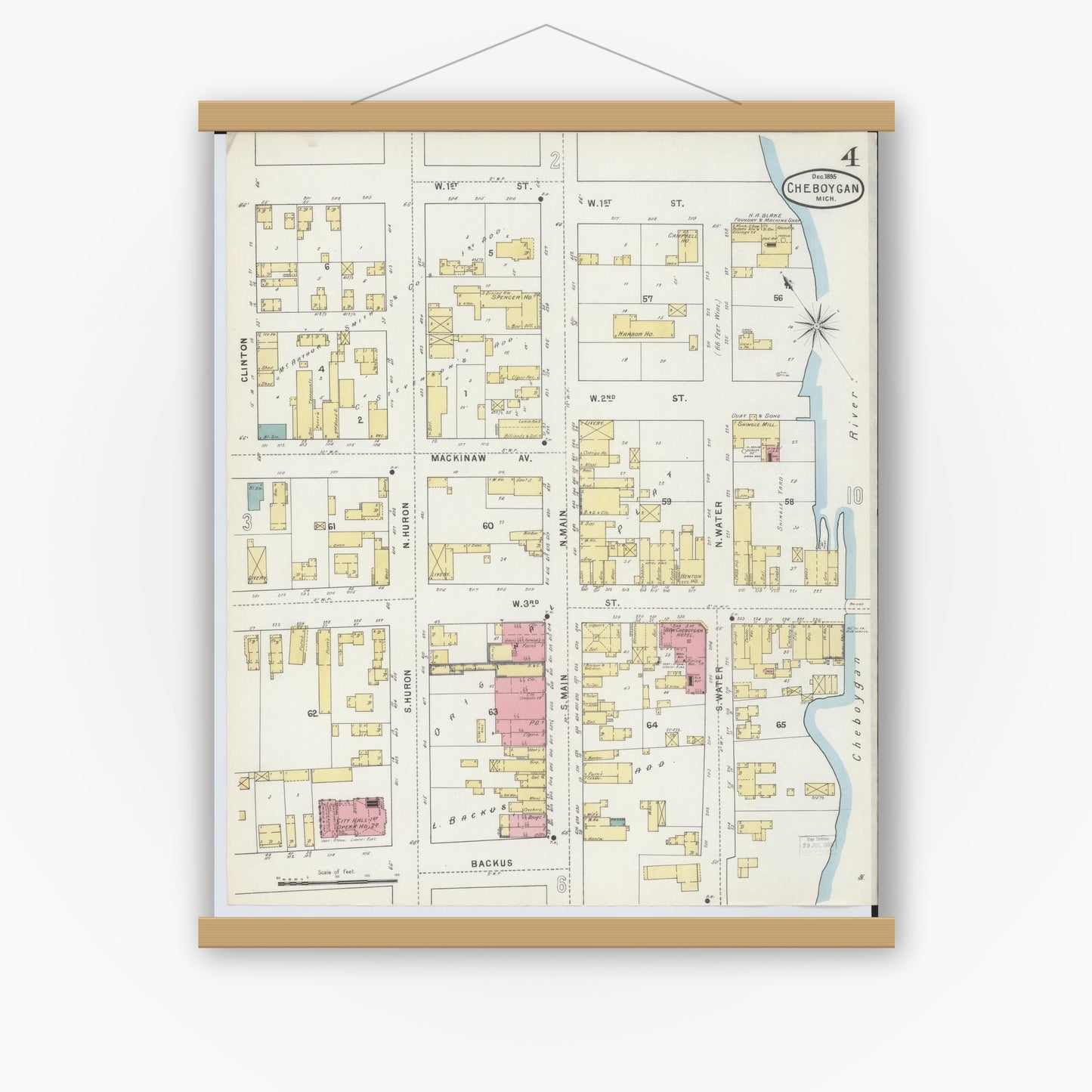 Old map wall art mockup — magnetic wood frame on white wall — Sanborn Fire Insurance Map from Cheboygan, Cheboygan County, Michigan (1895), Sheet #0004