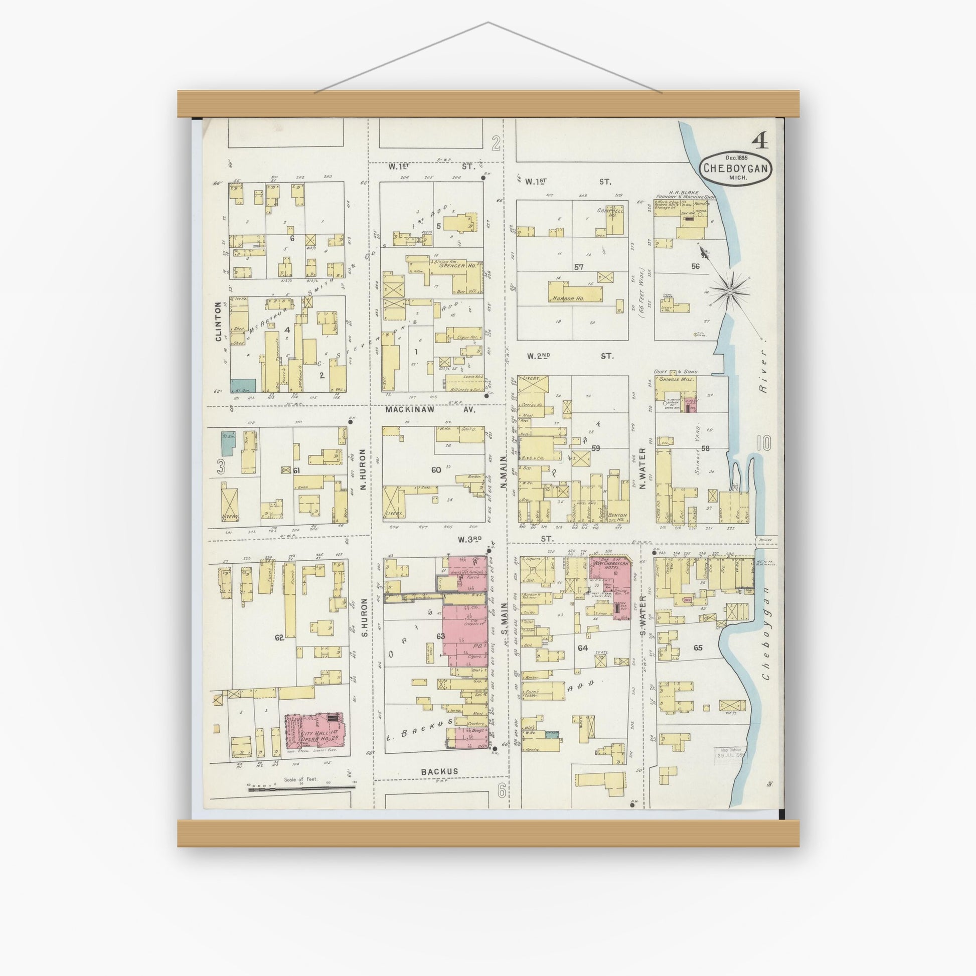 Old map wall art mockup — magnetic wood frame on white wall — Sanborn Fire Insurance Map from Cheboygan, Cheboygan County, Michigan (1895), Sheet #0004