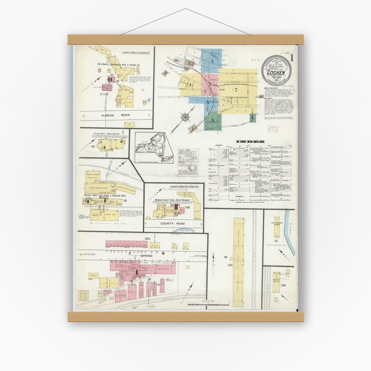 Old map wall art mockup — magnetic wood frame on white wall — Sanborn Fire Insurance Map from Goshen, Orange County, New York (1915) - Complete Map Set