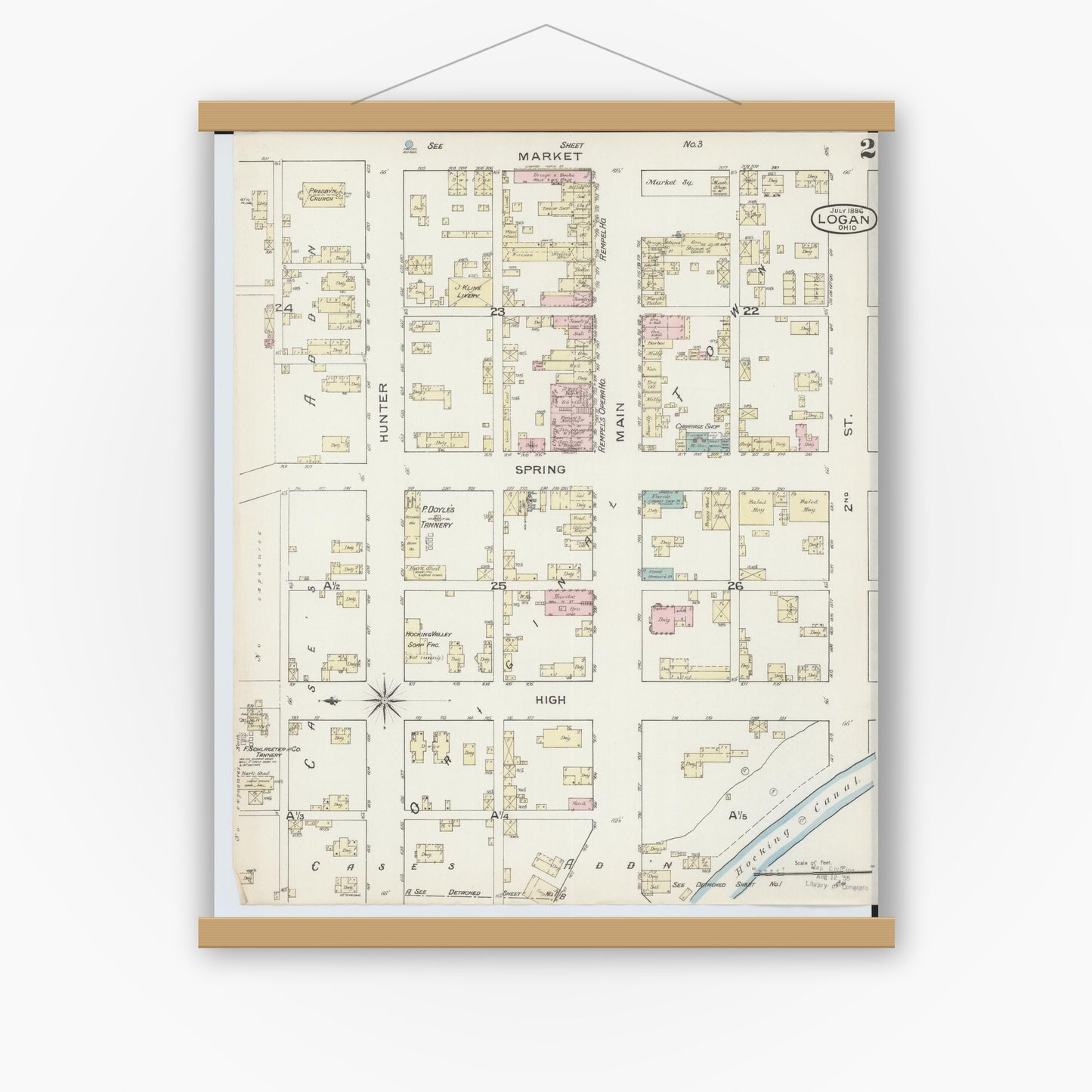 Old map wall art mockup — magnetic wood frame on white wall — Sanborn Fire Insurance Map from Logan, Hocking County, Ohio (1886), Sheet #0002