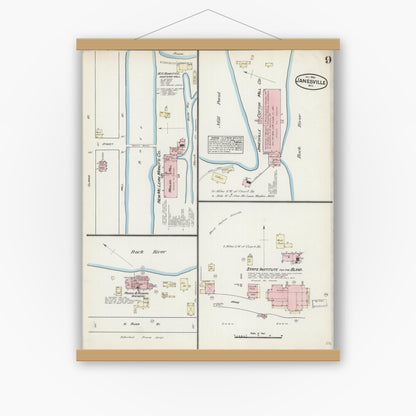 Old map wall art mockup — magnetic wood frame on white wall — Sanborn Fire Insurance Map from Janesville, Rock County, Wisconsin (1884), Sheet #0009