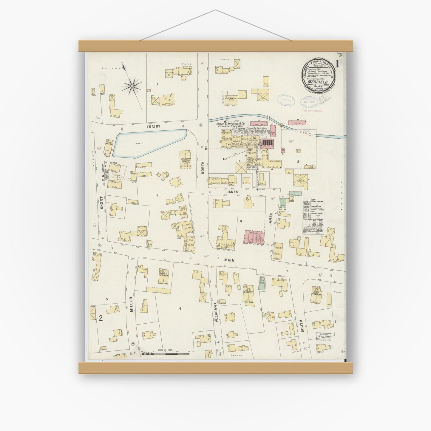 Old map wall art mockup — magnetic wood frame on white wall — Sanborn Fire Insurance Map from Medfield, Norfolk County, Massachusetts (1898) - Complete Map Set