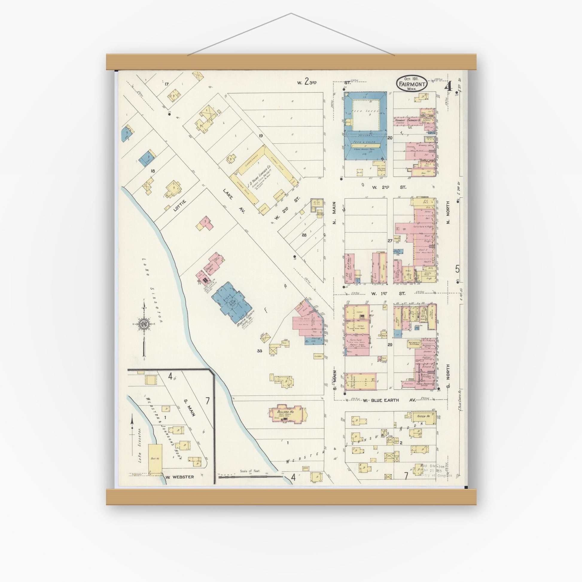 Old map wall art mockup — magnetic wood frame on white wall — Sanborn Fire Insurance Map from Fairmont, Martin County, Minnesota (1911), Sheet #0004