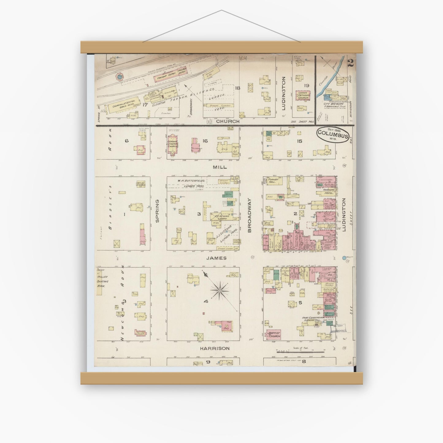 Old map wall art mockup — magnetic wood frame on white wall — Sanborn Fire Insurance Map from Columbus, Columbia and Dodge County, Wisconsin (1885), Sheet #0002