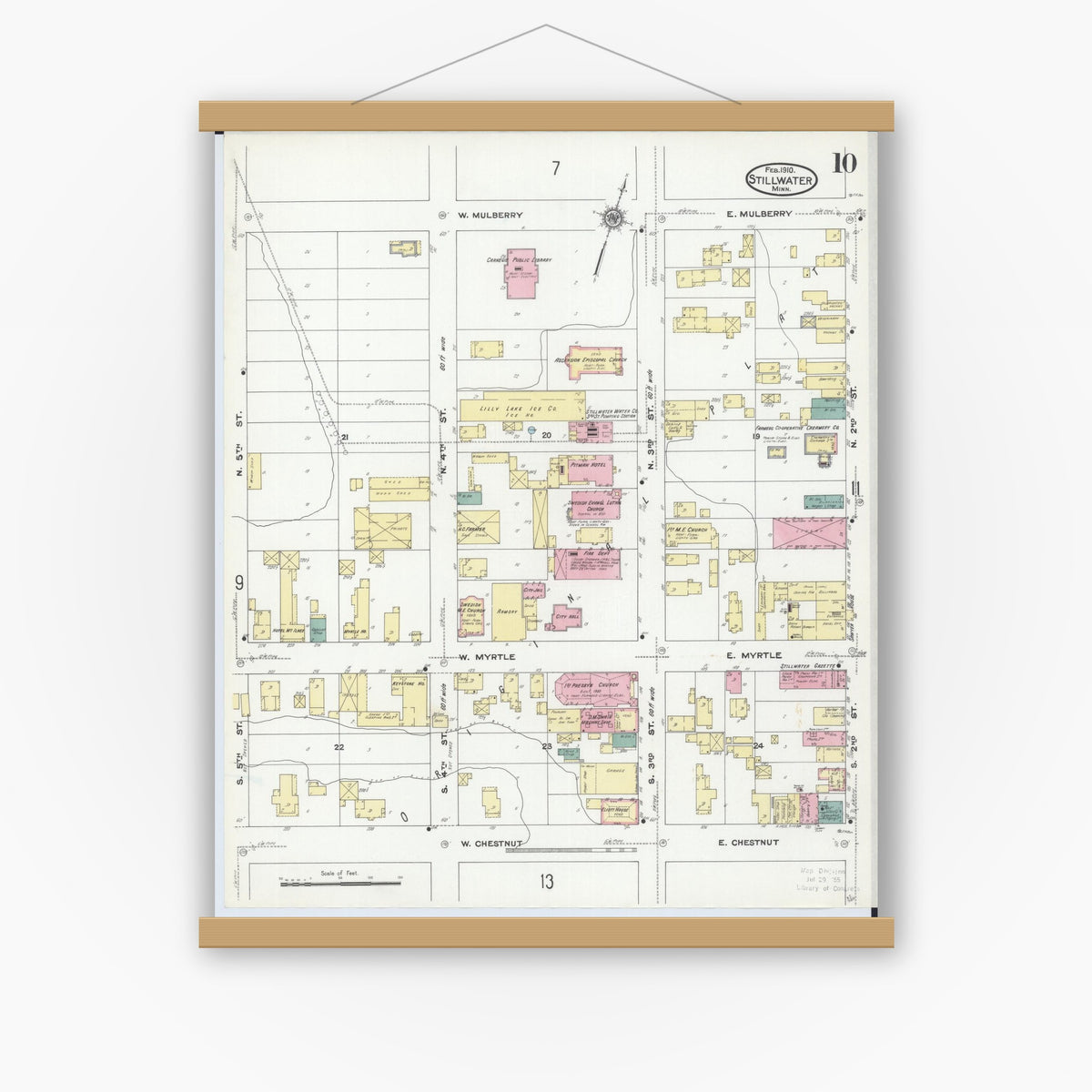 Old map wall art mockup — magnetic wood frame on white wall — Sanborn Fire Insurance Map from Stillwater, Washington County, Minnesota (1910), Sheet #0010