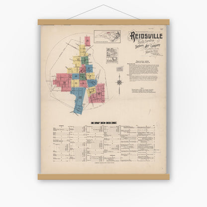 Old map wall art mockup — magnetic wood frame on white wall — Sanborn Fire Insurance Map from Reidsville, Rockingham County, North Carolina (1922) - Complete Map Set