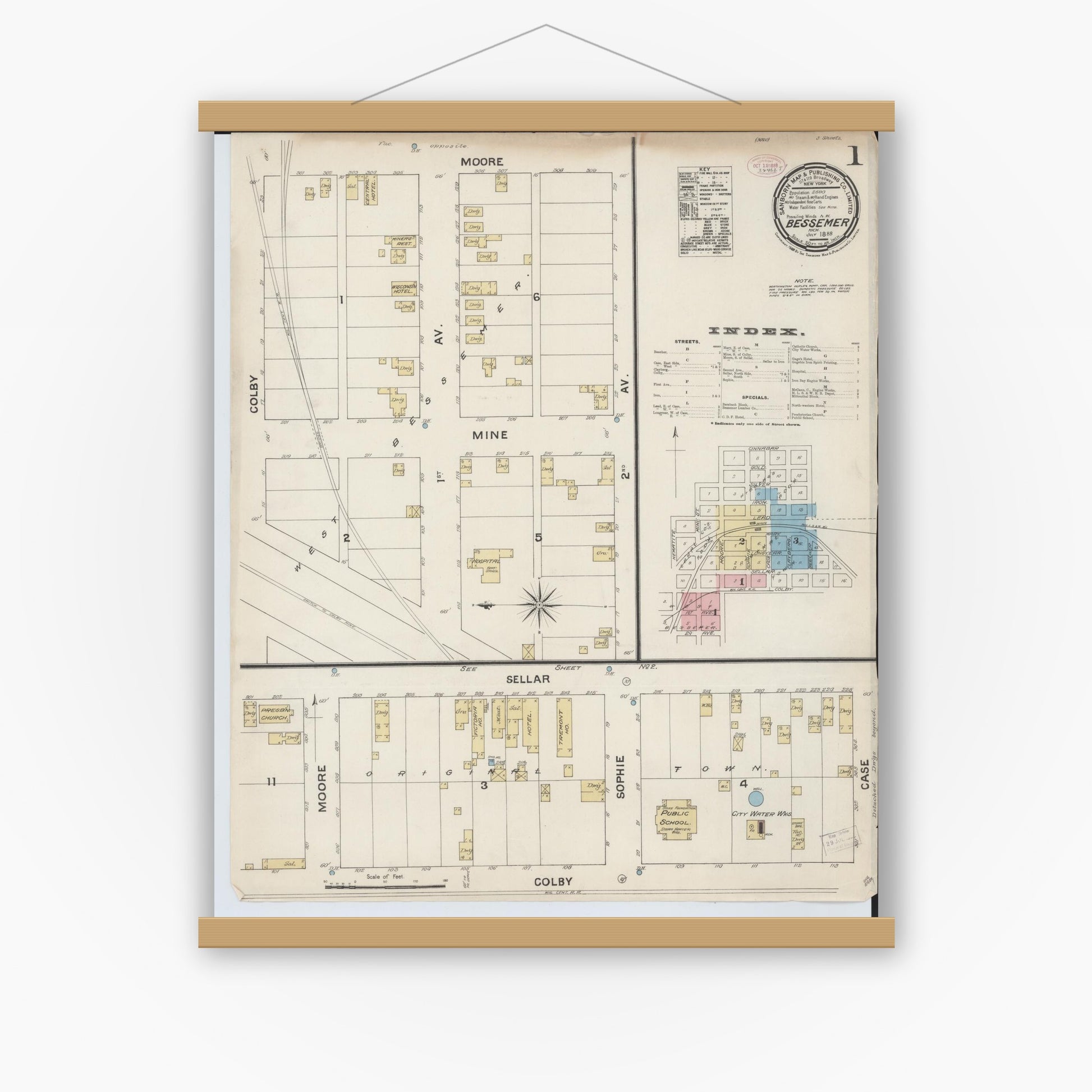 Old map wall art mockup — magnetic wood frame on white wall — Sanborn Fire Insurance Map from Bessemer, Gogebic County, Michigan (1888) - Complete Map Set