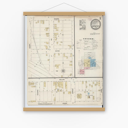 Old map wall art mockup — magnetic wood frame on white wall — Sanborn Fire Insurance Map from Bessemer, Gogebic County, Michigan (1888) - Complete Map Set