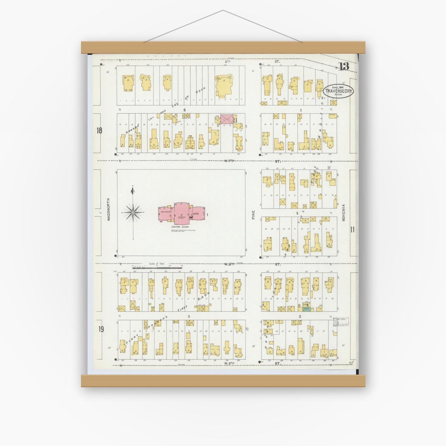 Old map wall art mockup — magnetic wood frame on white wall — Sanborn Fire Insurance Map from Traverse City, Grand Traverse County, Michigan (1904), Sheet #0013