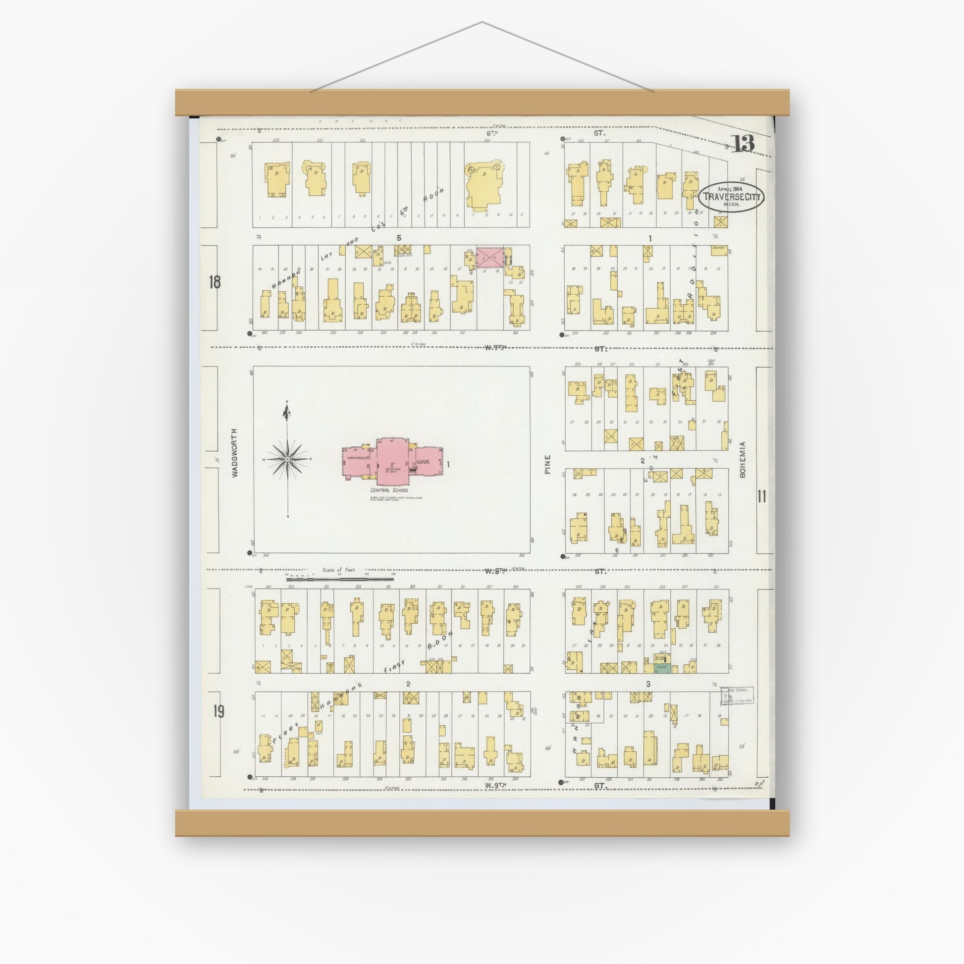Old map wall art mockup — magnetic wood frame on white wall — Sanborn Fire Insurance Map from Traverse City, Grand Traverse County, Michigan (1904), Sheet #0013