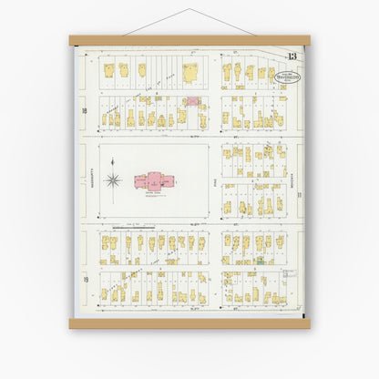 Old map wall art mockup — magnetic wood frame on white wall — Sanborn Fire Insurance Map from Traverse City, Grand Traverse County, Michigan (1904), Sheet #0013