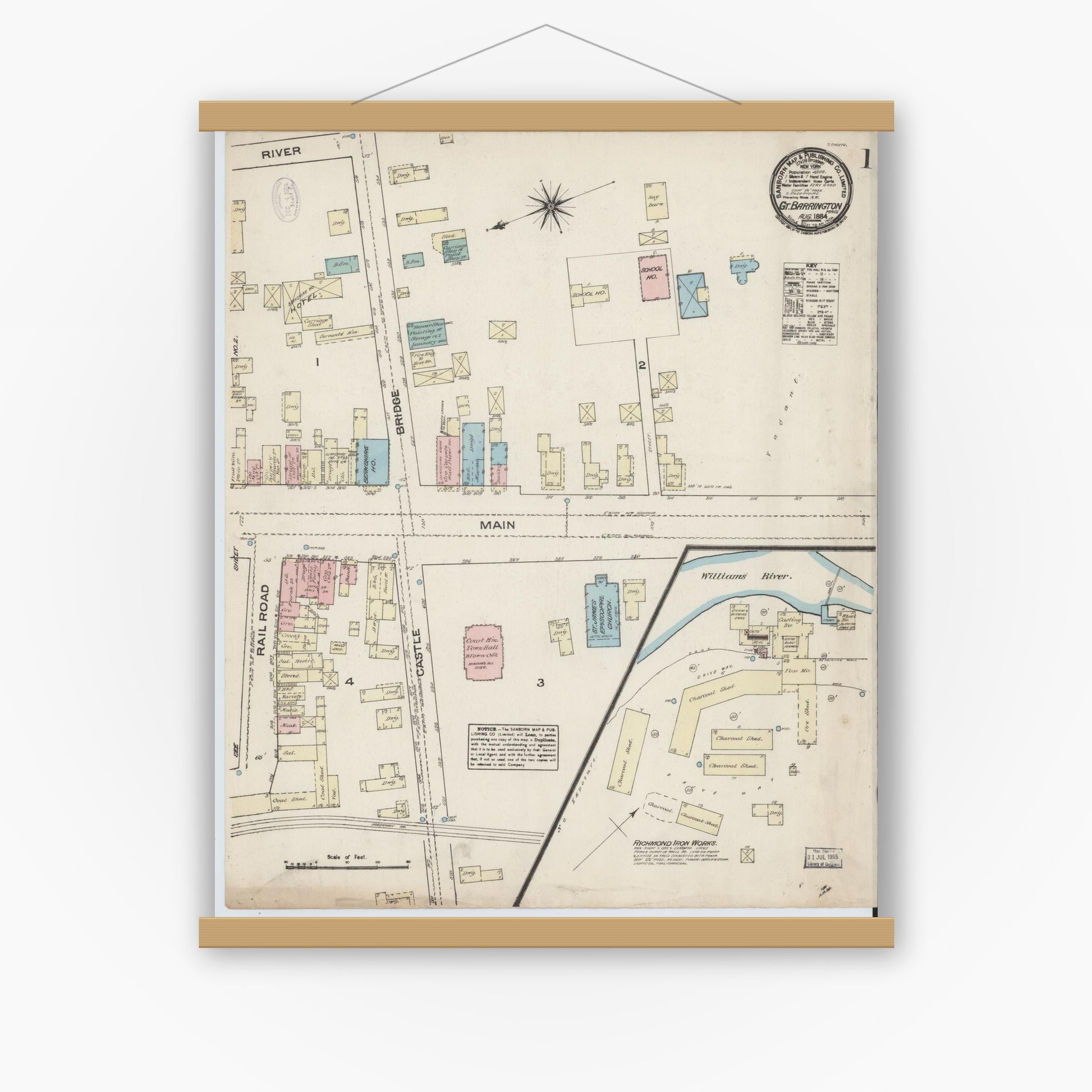 Old map wall art mockup — magnetic wood frame on white wall — Sanborn Fire Insurance Map from Great Barrington, Berkshire County, Massachusetts (1884), Sheet #0001