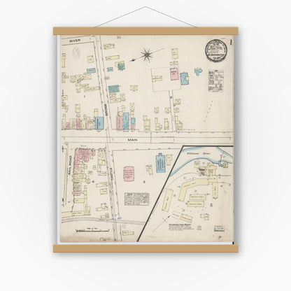 Old map wall art mockup — magnetic wood frame on white wall — Sanborn Fire Insurance Map from Great Barrington, Berkshire County, Massachusetts (1884), Sheet #0001