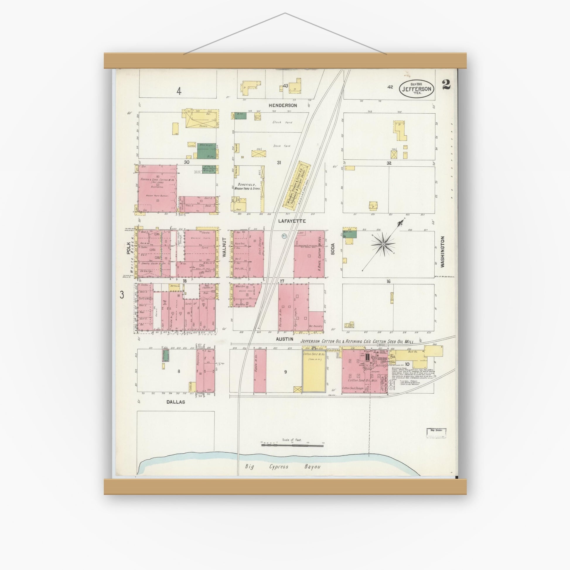 Old map wall art mockup — magnetic wood frame on white wall — Sanborn Fire Insurance Map from Jefferson, Marion County, Texas (1901), Sheet #0002