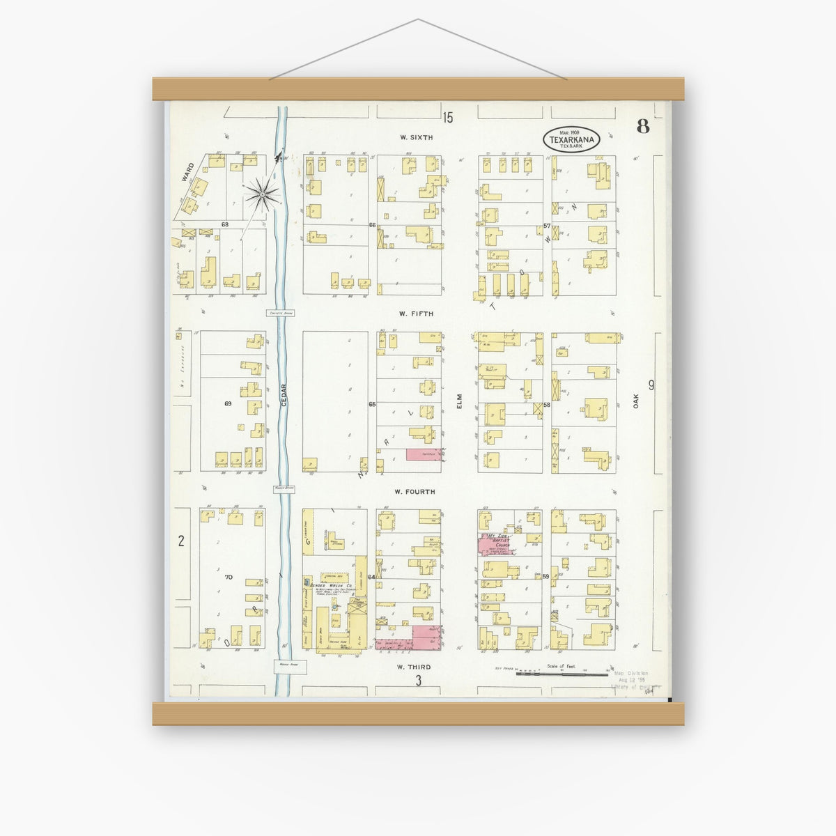 Old map wall art mockup — magnetic wood frame on white wall — Sanborn Fire Insurance Map from Texarkana, Bowie County, Texas (1909), Sheet #0008