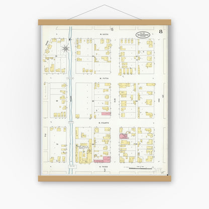 Old map wall art mockup — magnetic wood frame on white wall — Sanborn Fire Insurance Map from Texarkana, Bowie County, Texas (1909), Sheet #0008