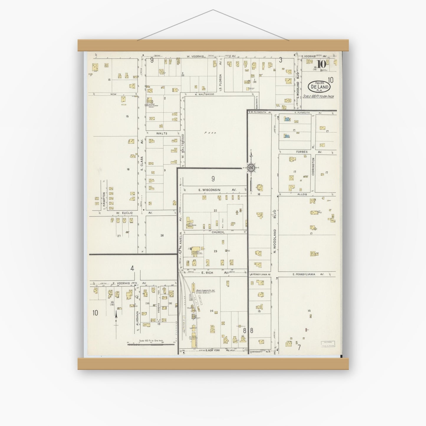 Old map wall art mockup — magnetic wood frame on white wall — Sanborn Fire Insurance Map from De Land, Volusia County, Florida (1915), Sheet #0010