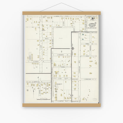 Old map wall art mockup — magnetic wood frame on white wall — Sanborn Fire Insurance Map from De Land, Volusia County, Florida (1915), Sheet #0010