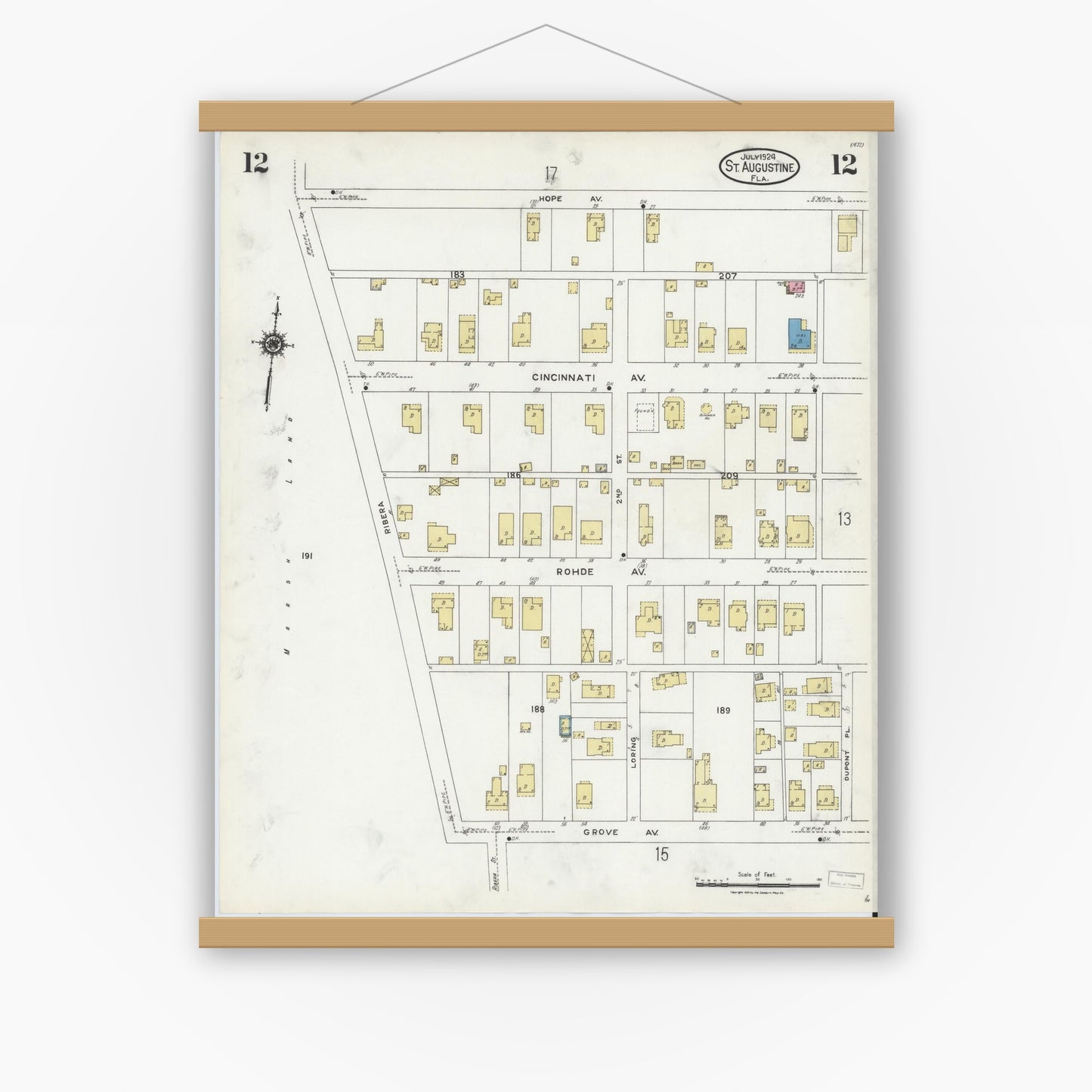 Old map wall art mockup — magnetic wood frame on white wall — Sanborn Fire Insurance Map from Saint Augustine, Saint John's County, Florida (1924), Sheet #0012