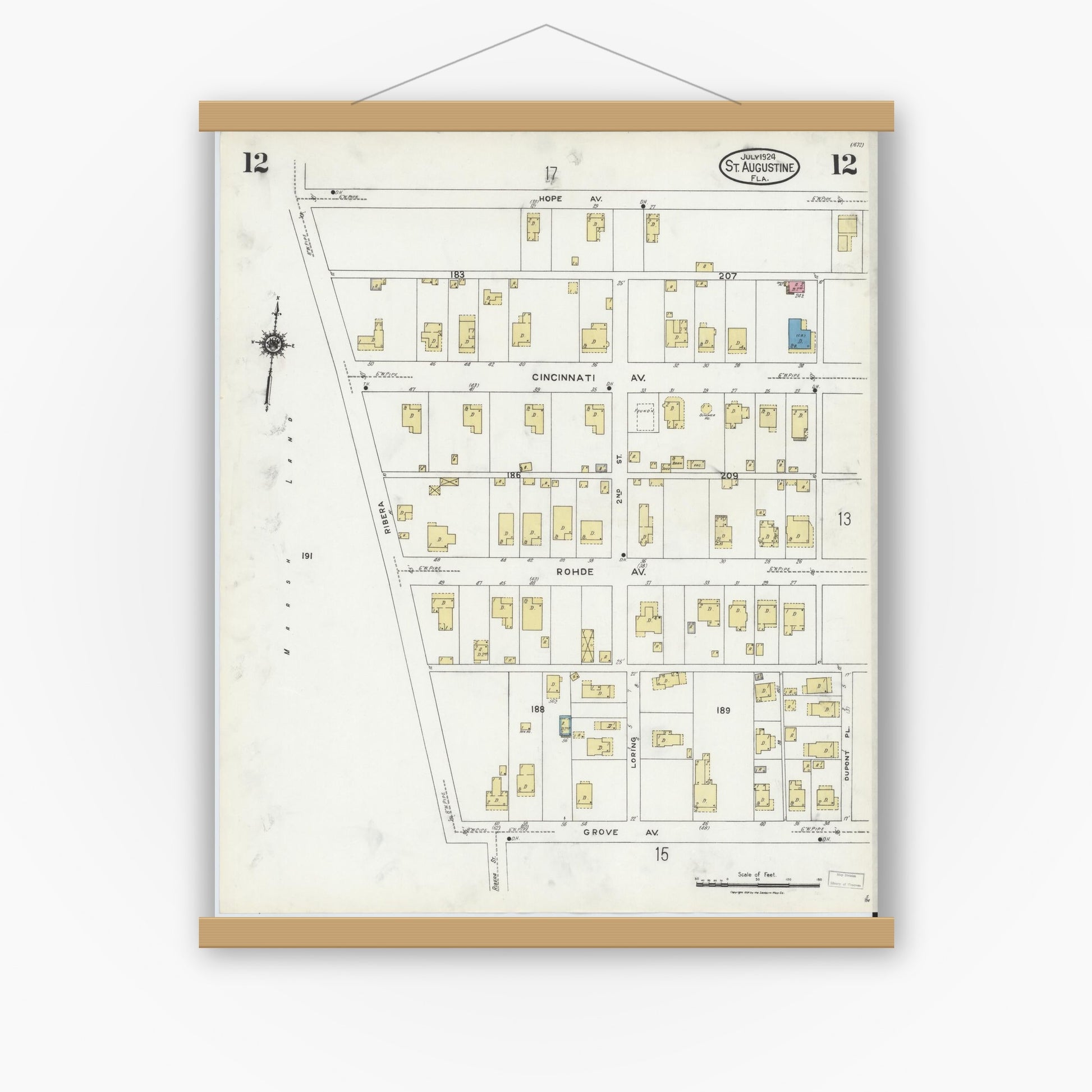 Old map wall art mockup — magnetic wood frame on white wall — Sanborn Fire Insurance Map from Saint Augustine, Saint John's County, Florida (1924), Sheet #0012