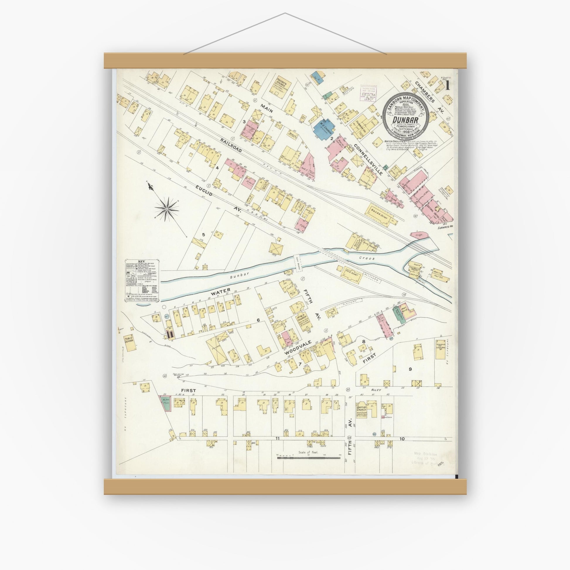 Old map wall art mockup — magnetic wood frame on white wall — Sanborn Fire Insurance Map from Dunbar, Fayette County, Pennsylvania (1908) - Complete Map Set