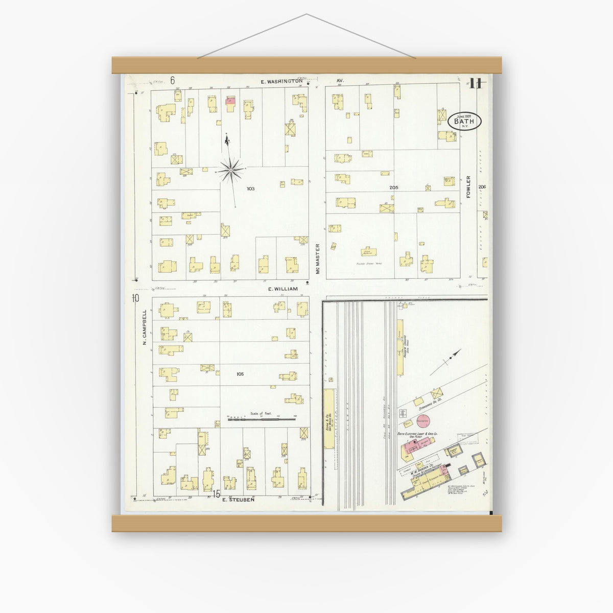 Old map wall art mockup — magnetic wood frame on white wall — Sanborn Fire Insurance Map from Bath, Steuben County, New York (1909), Sheet #0011