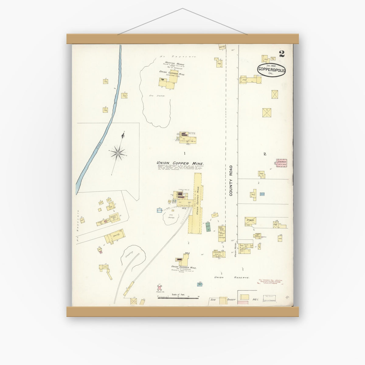 Old map wall art mockup — magnetic wood frame on white wall — Sanborn Fire Insurance Map from Copperopolis, Calaveras County, California (1890), Sheet #0002