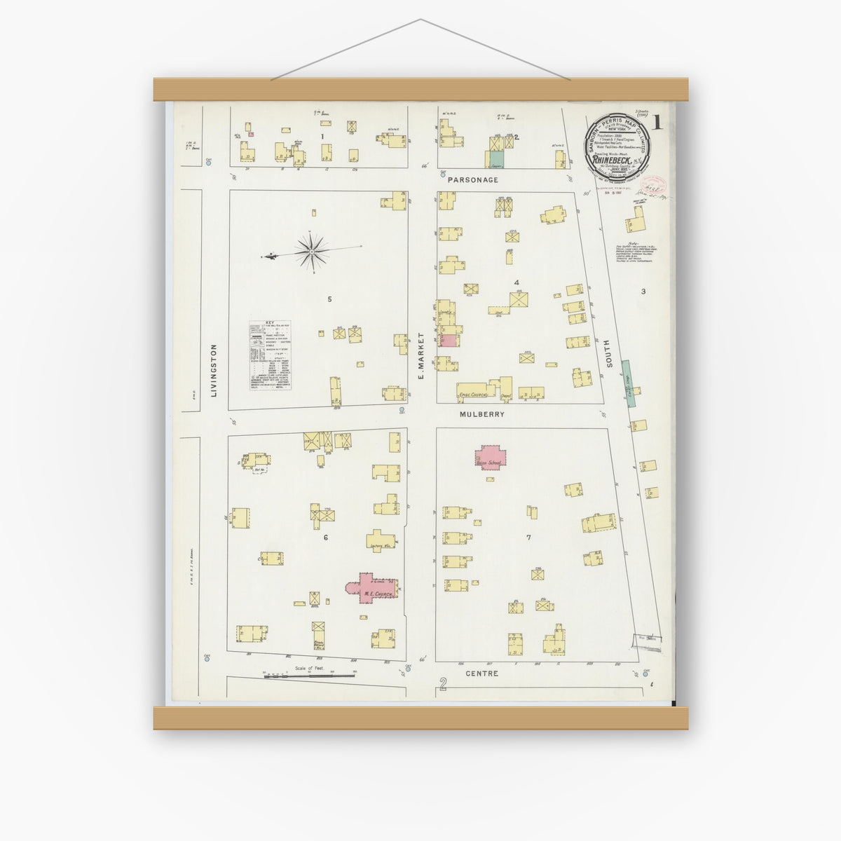 Old map wall art mockup — magnetic wood frame on white wall — Sanborn Fire Insurance Map from Rhinebeck, Dutchess County, New York (1895) - Complete Map Set