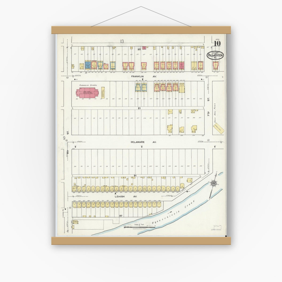 Old map wall art mockup — magnetic wood frame on white wall — Sanborn Fire Insurance Map from Palmerton, Carbon County, Pennsylvania (1921), Sheet #0010