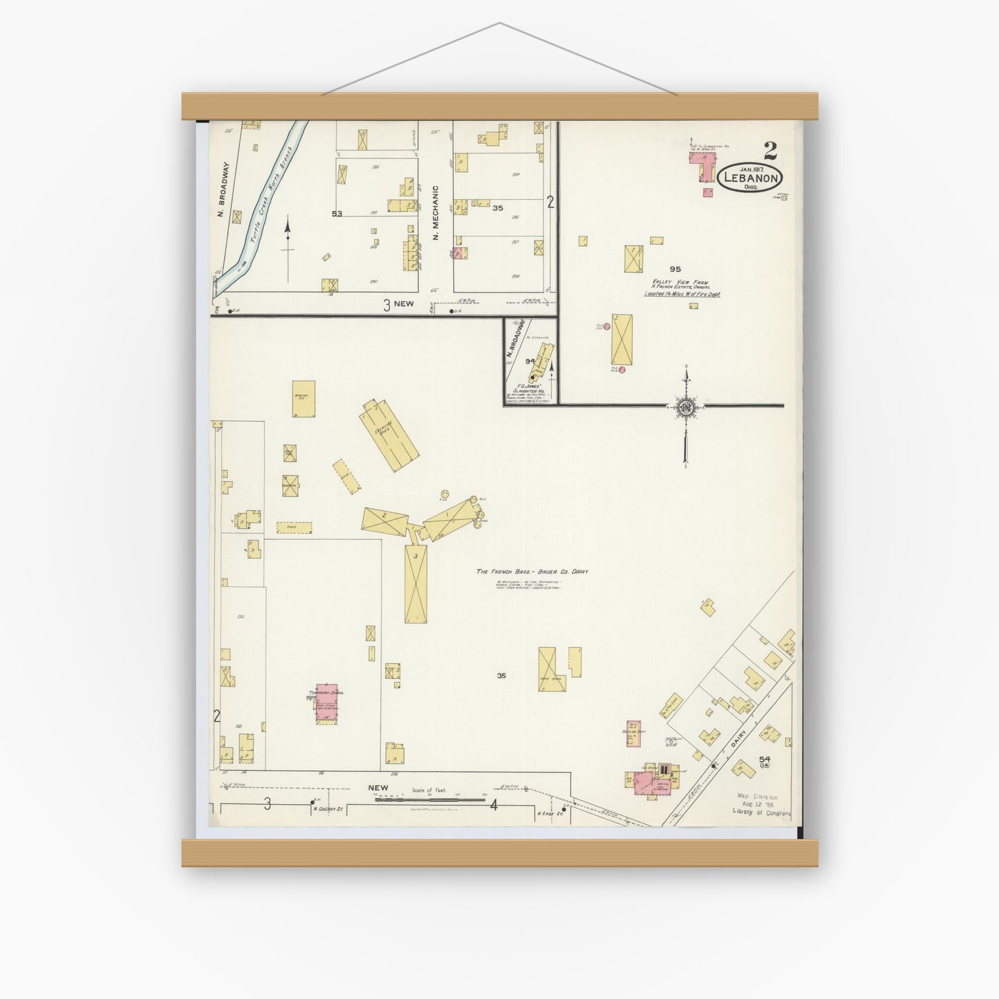 Old map wall art mockup — magnetic wood frame on white wall — Sanborn Fire Insurance Map from Lebanon, Warren County, Ohio (1917), Sheet #0002