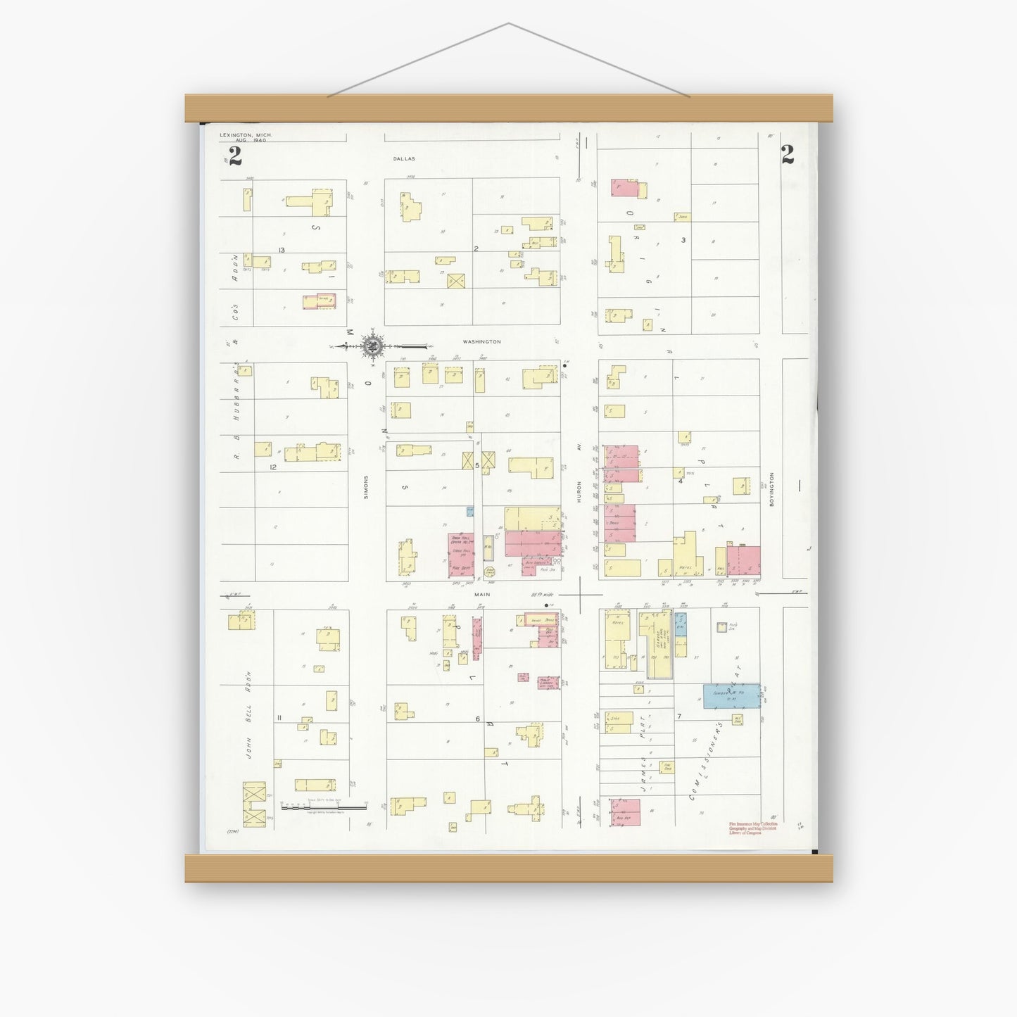 Old map wall art mockup — magnetic wood frame on white wall — Sanborn Fire Insurance Map from Lexington, Sanilac County, Michigan (1940), Sheet #0002