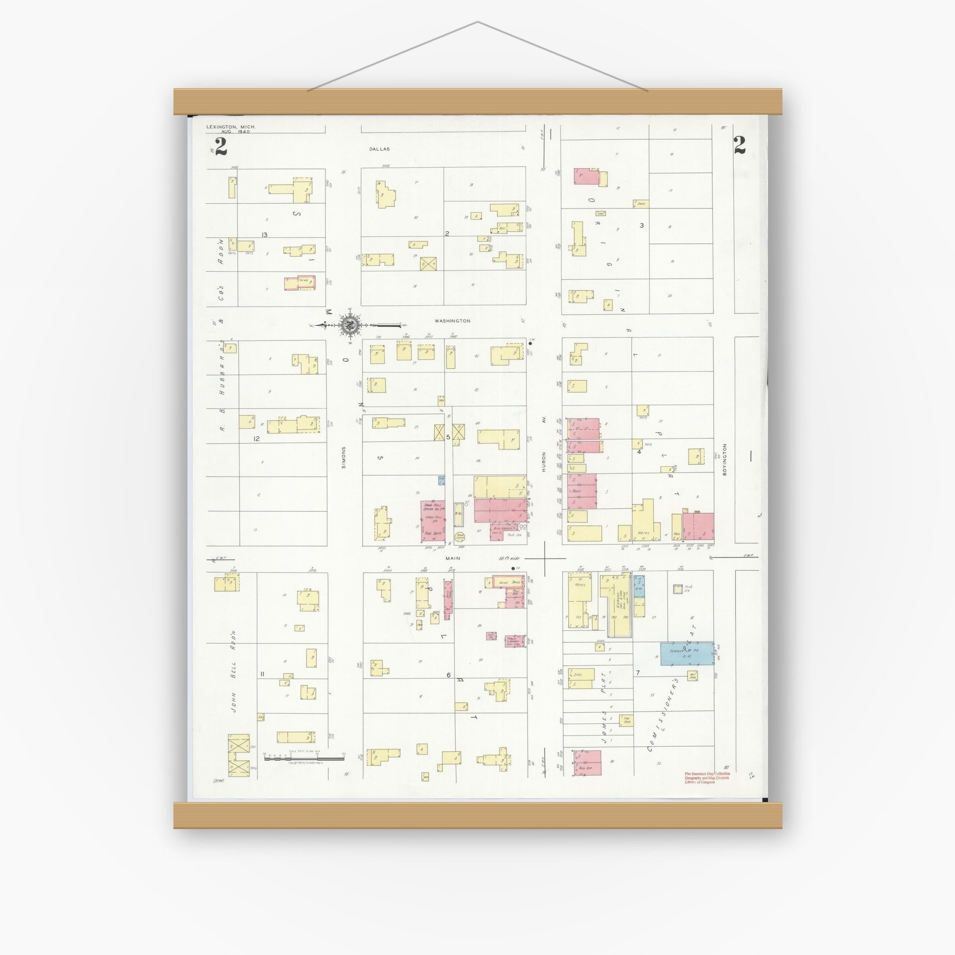 Old map wall art mockup — magnetic wood frame on white wall — Sanborn Fire Insurance Map from Lexington, Sanilac County, Michigan (1940), Sheet #0002