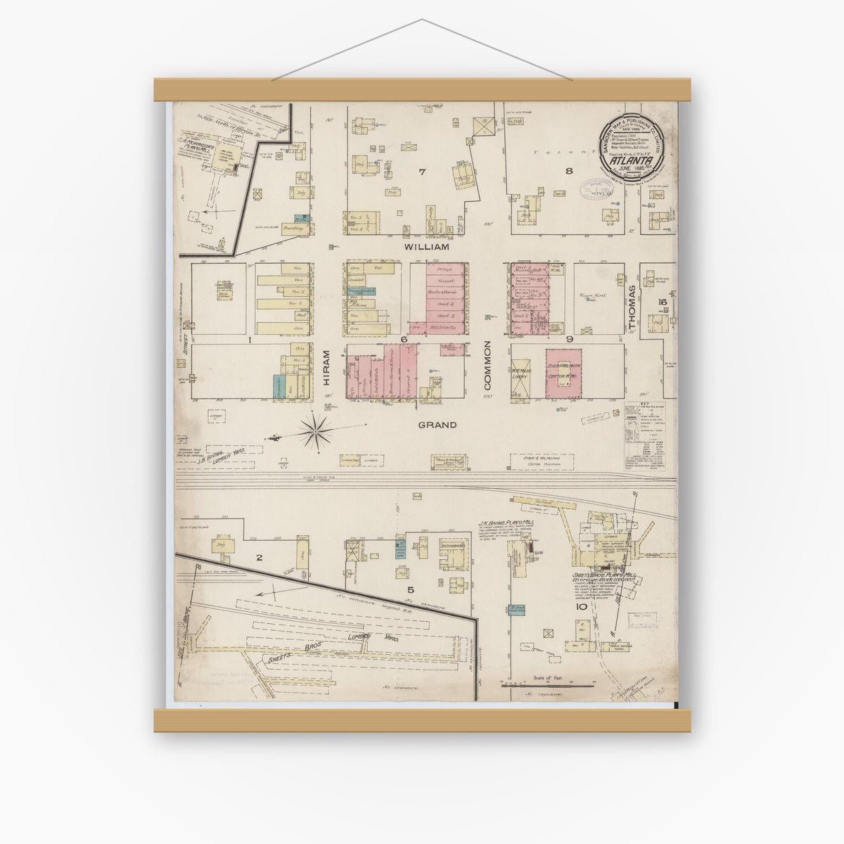 Old map wall art mockup — magnetic wood frame on white wall — Sanborn Fire Insurance Map from Atlanta, Cass County, Texas (1885), Sheet #0001