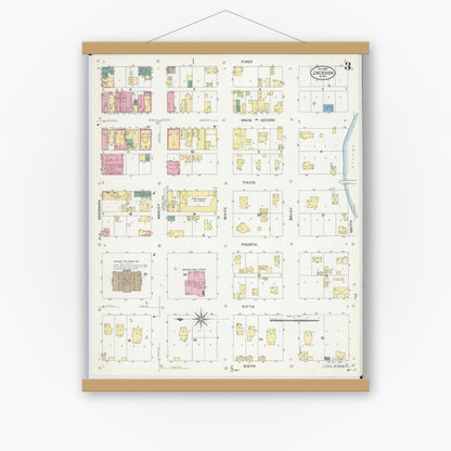 Old map wall art mockup — magnetic wood frame on white wall — Sanborn Fire Insurance Map from Jackson, Jackson County, Minnesota (1907), Sheet #0003