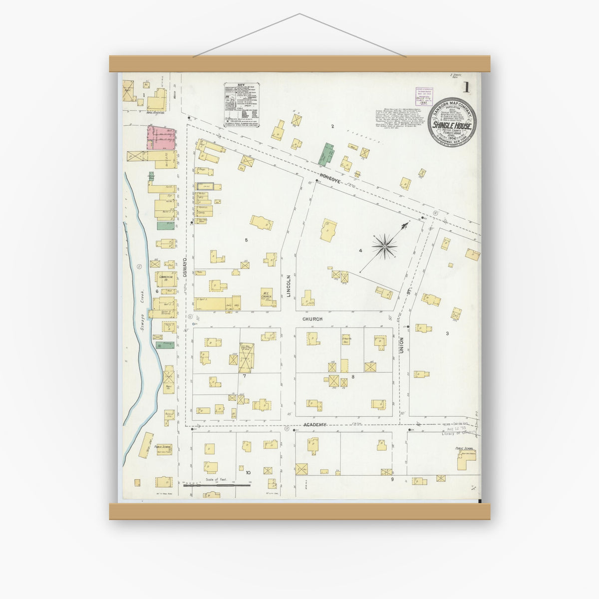 Old map wall art mockup — magnetic wood frame on white wall — Sanborn Fire Insurance Map from Shingle House, Potter County, Pennsylvania (1904) - Complete Map Set