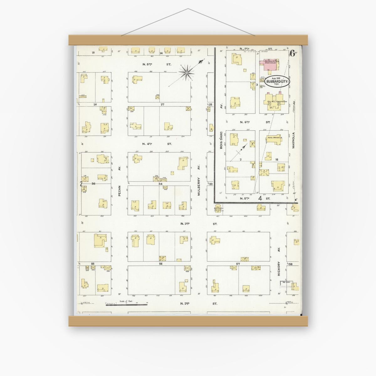 Old map wall art mockup — magnetic wood frame on white wall — Sanborn Fire Insurance Map from Hubbard, Hill County, Texas (1909), Sheet #0006