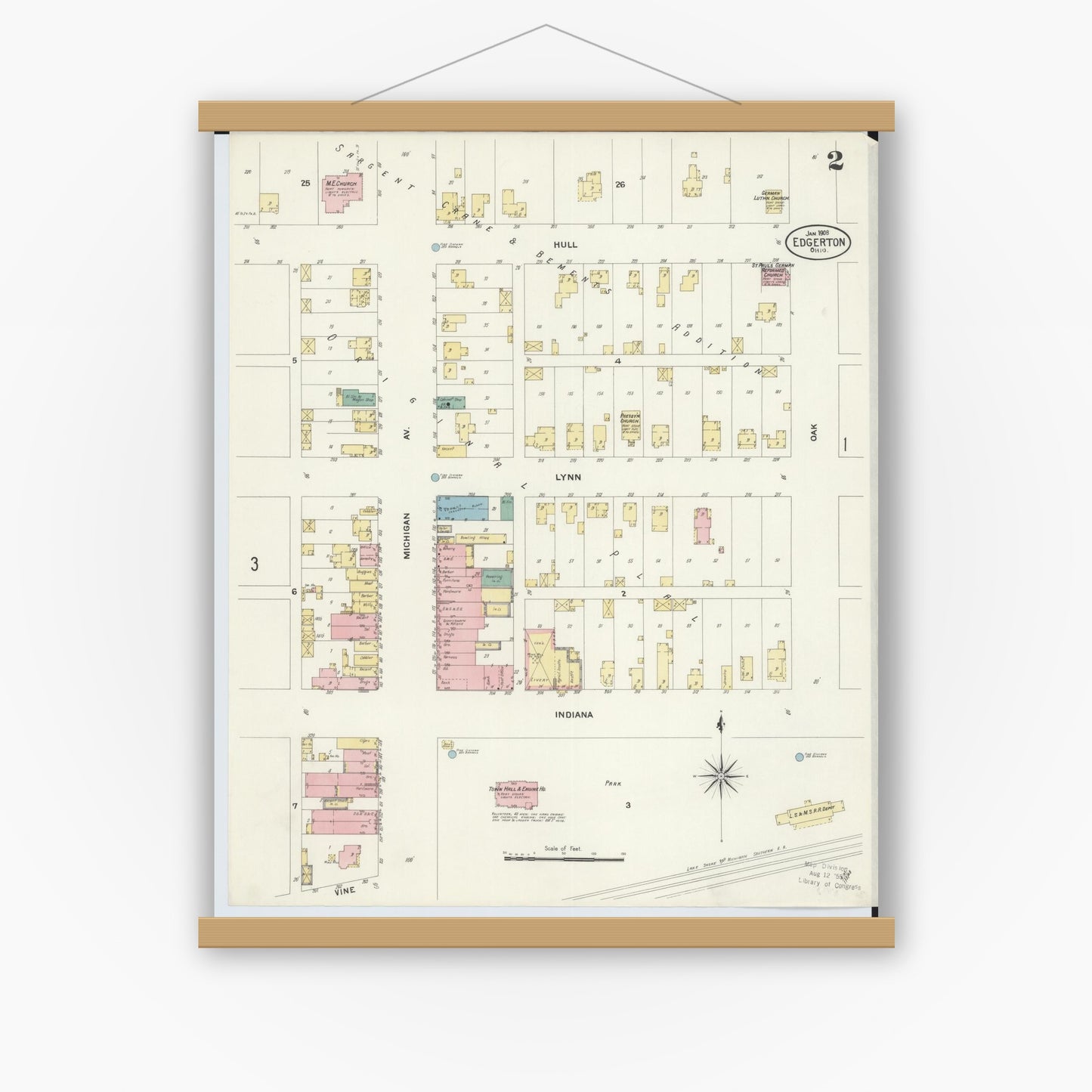 Old map wall art mockup — magnetic wood frame on white wall — Sanborn Fire Insurance Map from Edgerton, Williams County, Ohio (1908), Sheet #0002