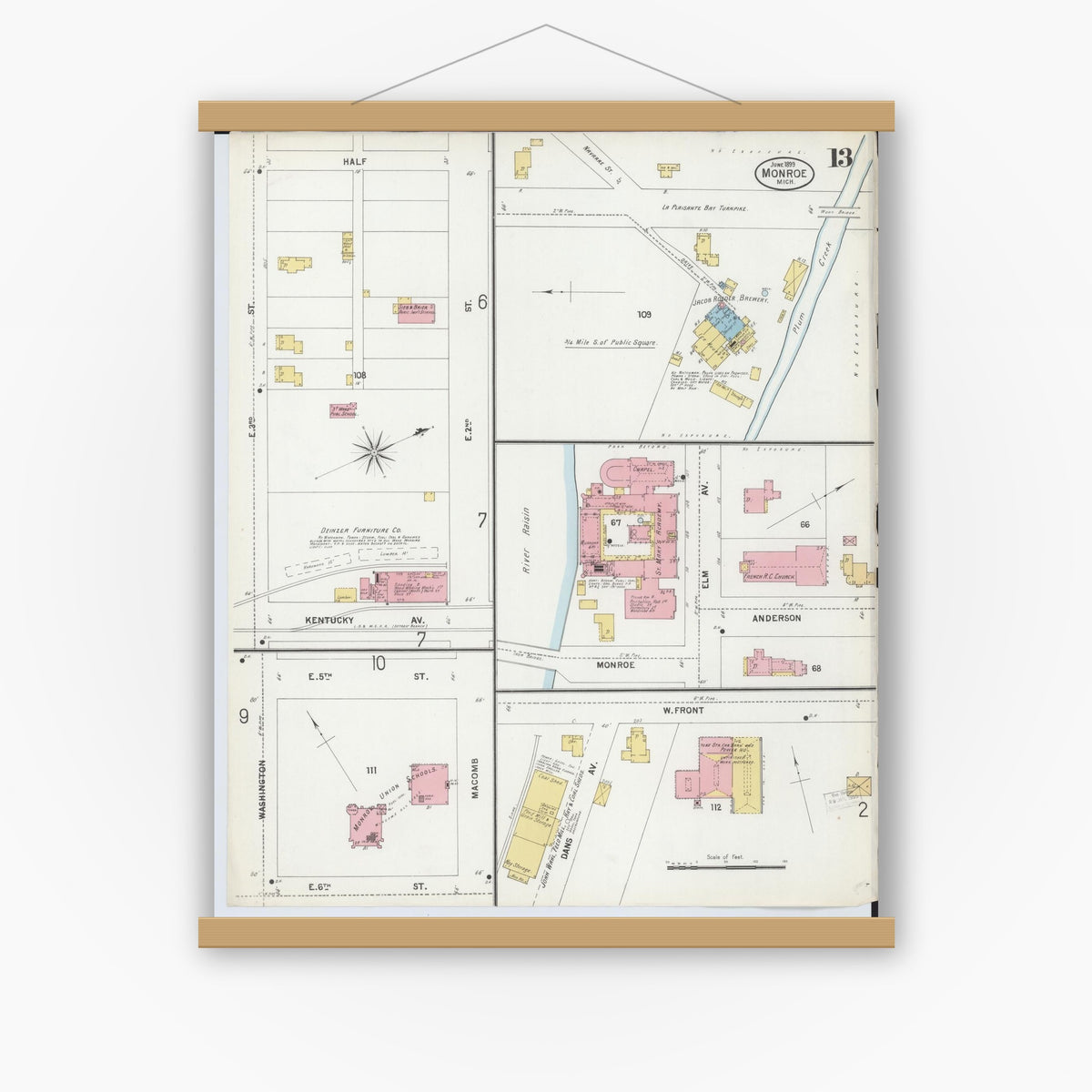 Old map wall art mockup — magnetic wood frame on white wall — Sanborn Fire Insurance Map from Monroe, Monroe County, Michigan (1899), Sheet #0013