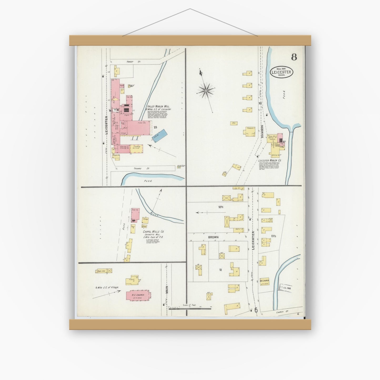 Old map wall art mockup — magnetic wood frame on white wall — Sanborn Fire Insurance Map from Leicester, Worcester County, Massachusetts (1904), Sheet #0008