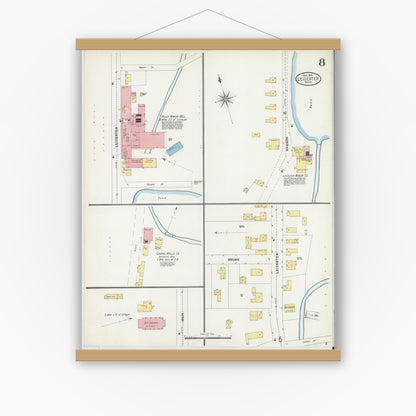 Old map wall art mockup — magnetic wood frame on white wall — Sanborn Fire Insurance Map from Leicester, Worcester County, Massachusetts (1904), Sheet #0008