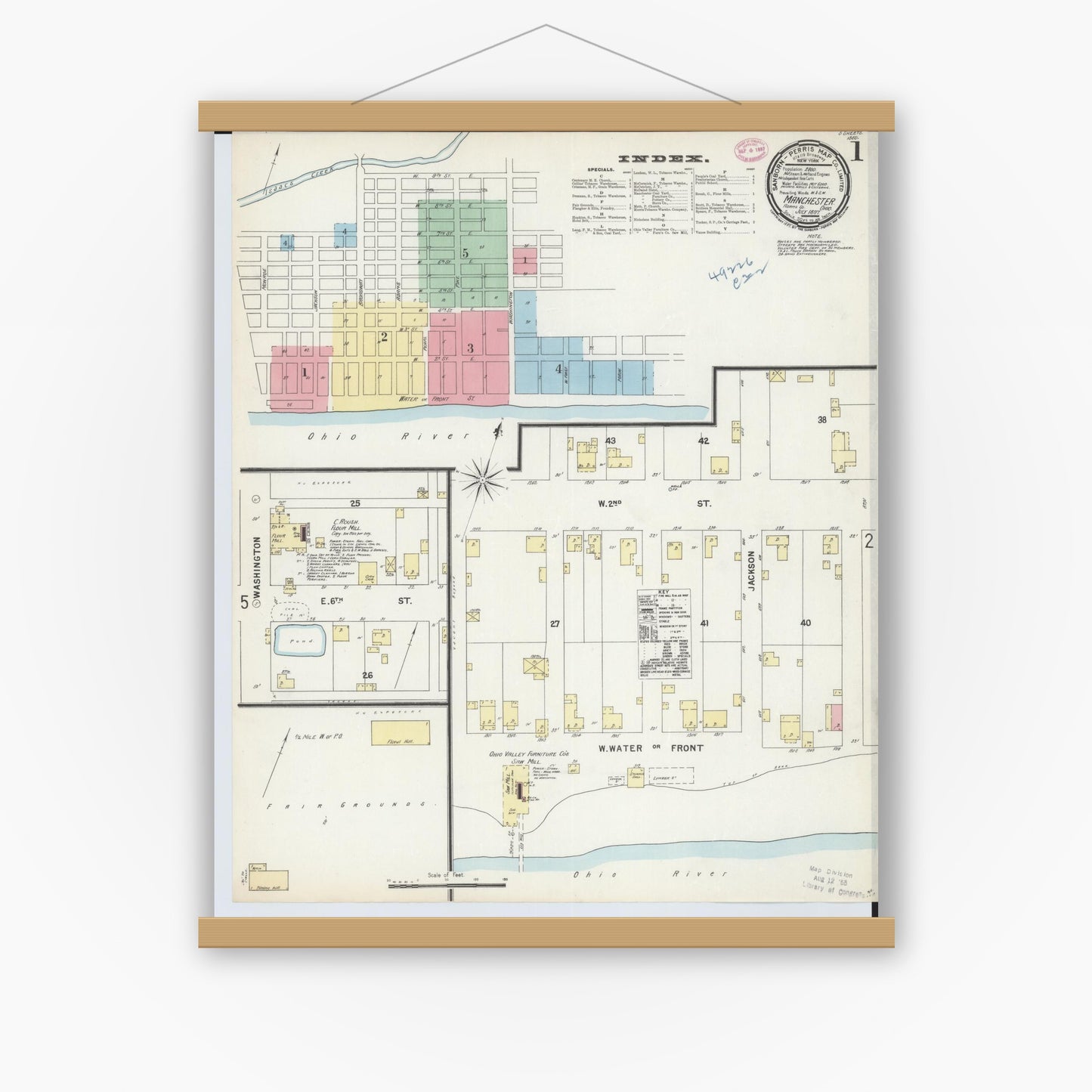 Old map wall art mockup — magnetic wood frame on white wall — Sanborn Fire Insurance Map from Manchester, Adams County, Ohio (1897), Sheet #0001