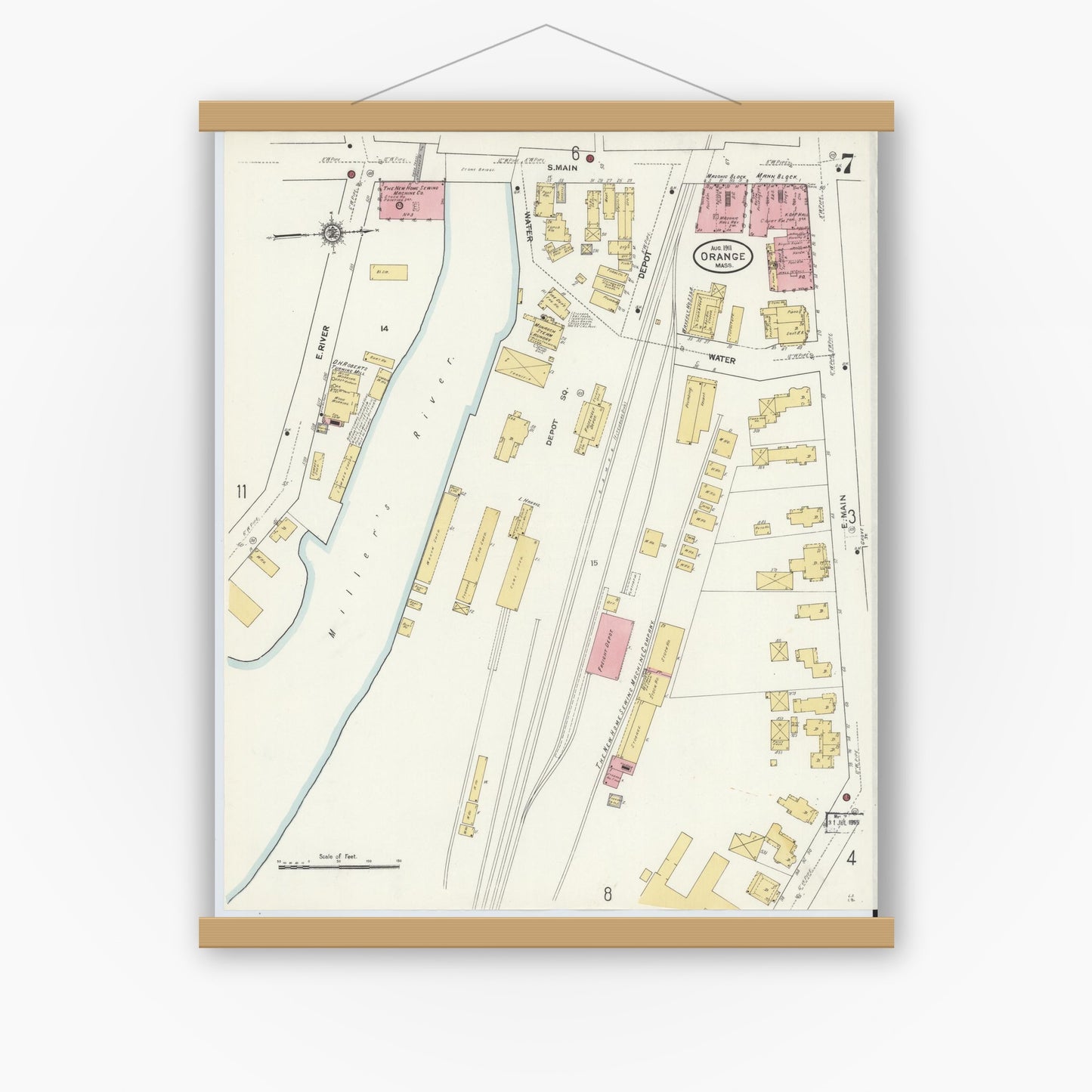 Old map wall art mockup — magnetic wood frame on white wall — Sanborn Fire Insurance Map from Orange, Franklin County, Massachusetts (1911), Sheet #0007